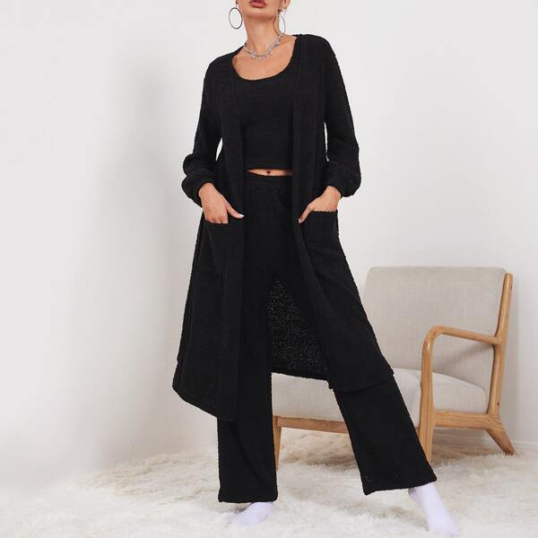 

3pcs Solid Flannel Tank Top & Pants & Belted Robe Lounge Set, Black