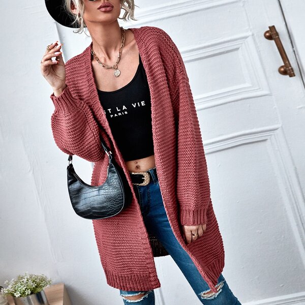 

Solid Drop Shoulder Open Front Cardigan, Redwood