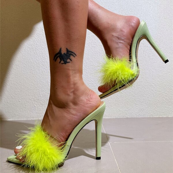 

Faux Fur Decor Stiletto Heeled Mules, Green