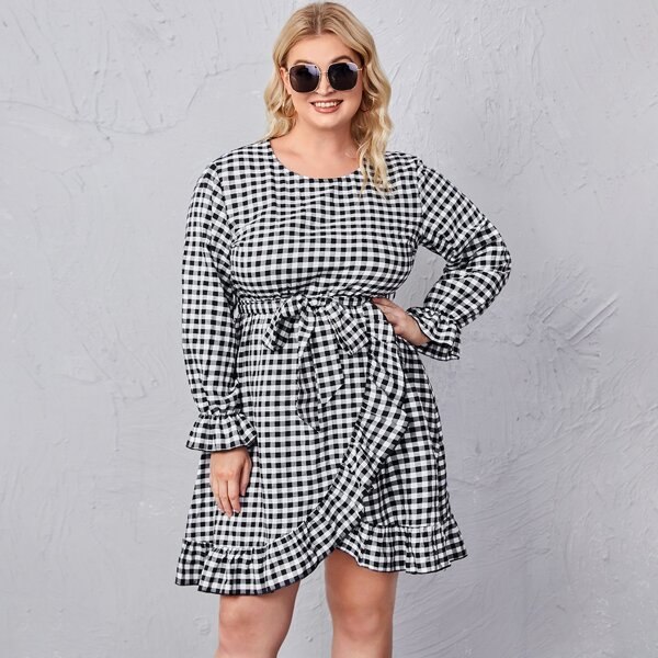 

Plus Gingham Belted Ruffle Wrap Hem Dress, Black and white