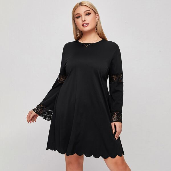 

Plus Contrast Lace Scallop Hem Dress, Black