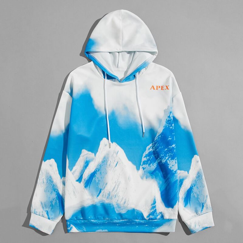 

Guys 3D Mountain Print Drawstring Hoodie, Blue
