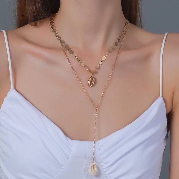 

Shell Charm Layered Y Lariat Necklace, Gold