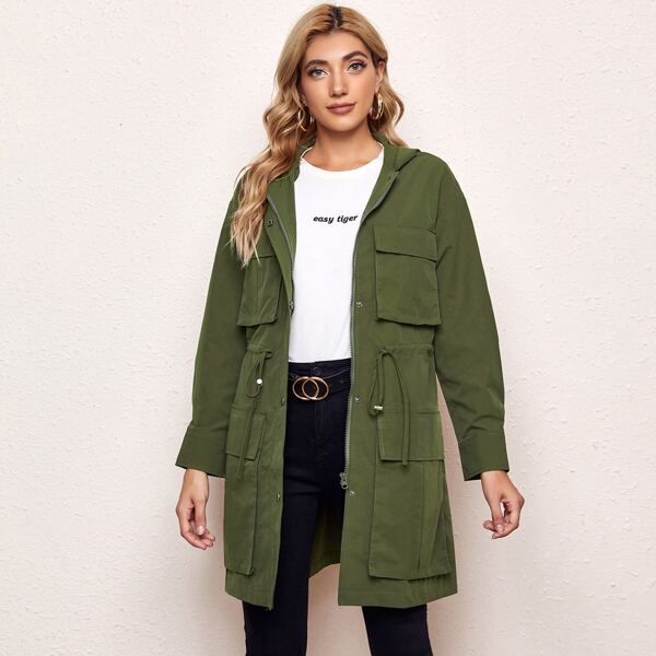 

Flap Pocket Front Drawstring Waist Hooded Coat, Army green