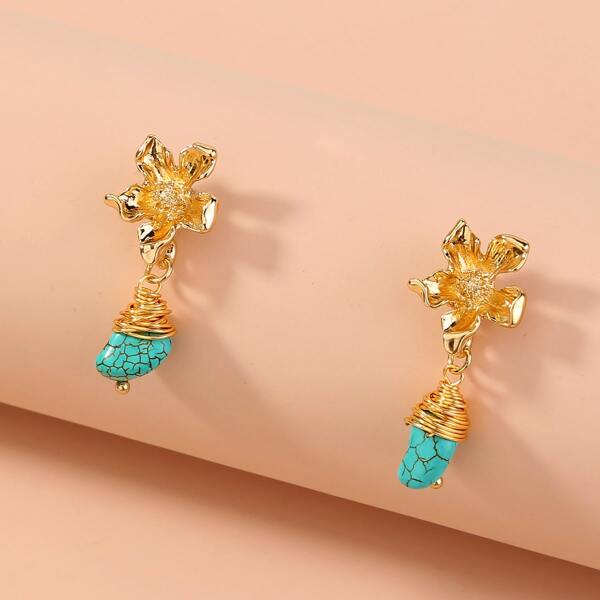 

Flower Decor Turquoise Drop Earrings, Multicolor
