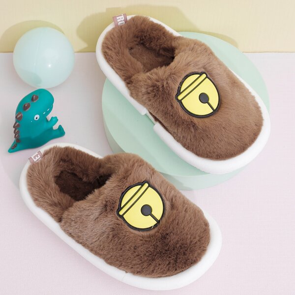 

Boys Bell Pattern Fluffy Slippers, Coffee brown