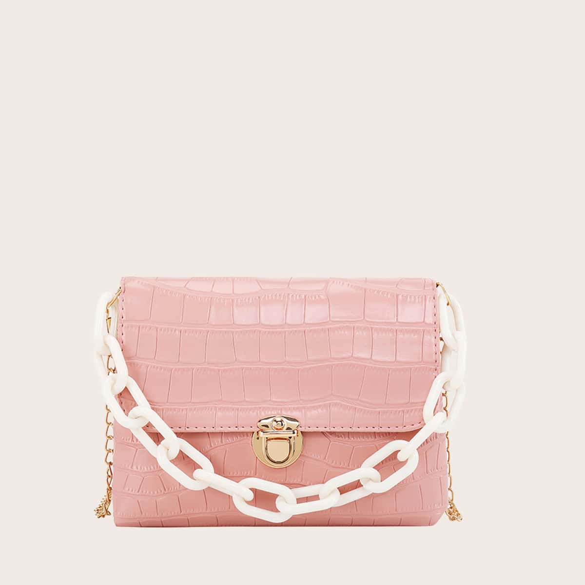 

Croc Embossed Push Lock Satchel Bag, Pink