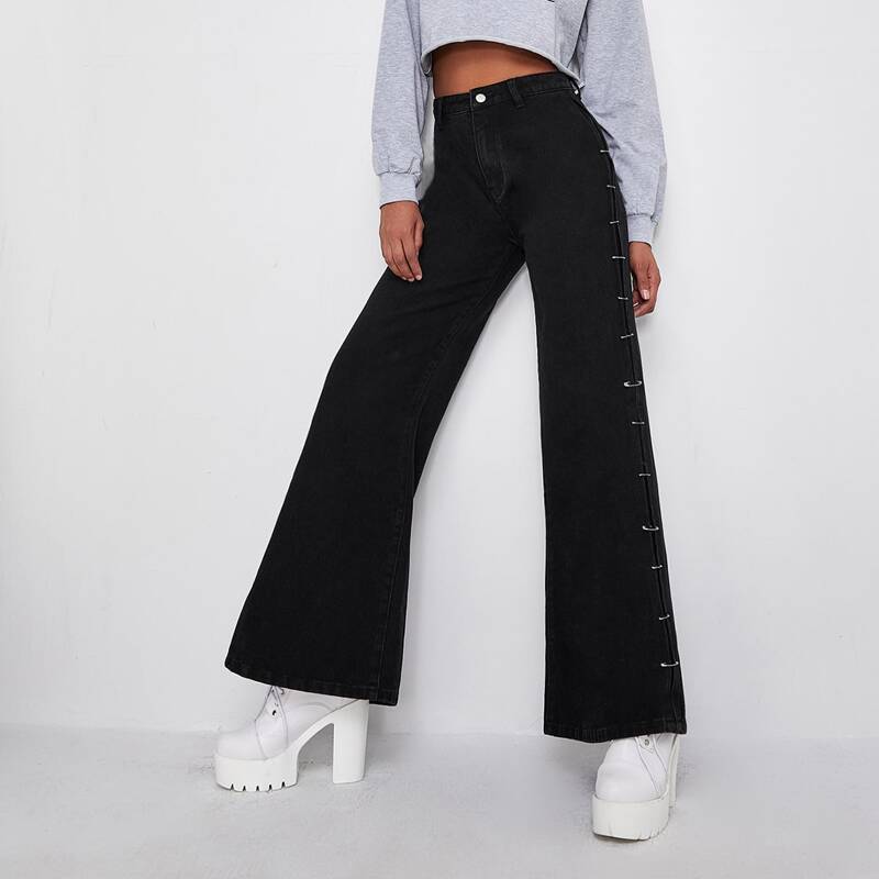 

High Waist Pin Side Wide Leg Jeans, Black