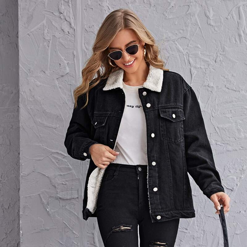 

Teddy Lined Button Up Denim Jacket, Black