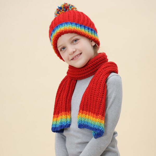 

Girls Color Block Beanie & Scarf, Red