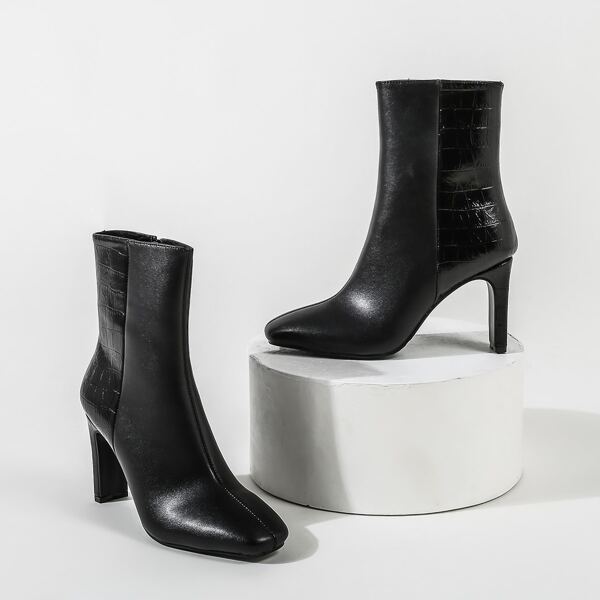 

Croc Embossed Chunky Heeled Boots, Black