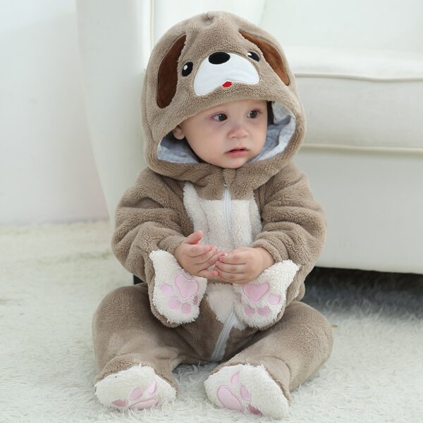 

Baby Boy Dog Print 3D Tail Patched Zipper Flannel Jumpsuit, Multicolor