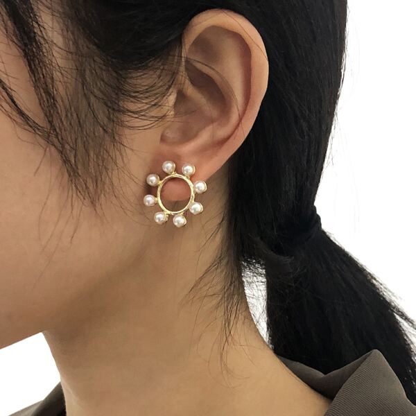 

Faux Pearl Decor Round Earrings, Gold