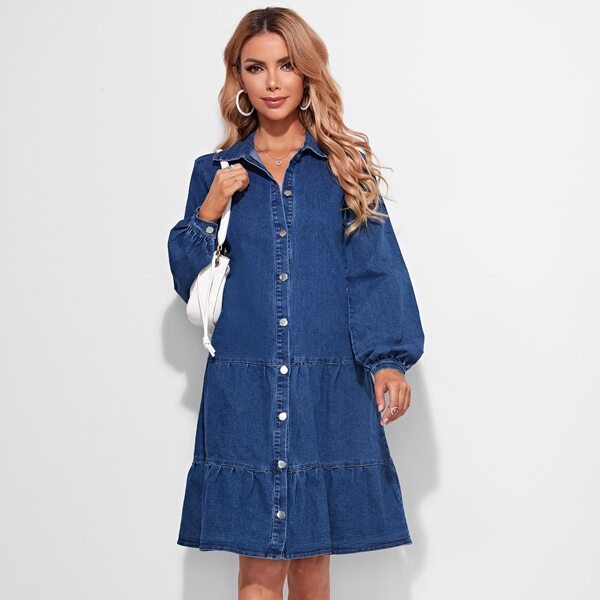 

Lantern Sleeve Flounce Hem Denim Dress, Medium wash