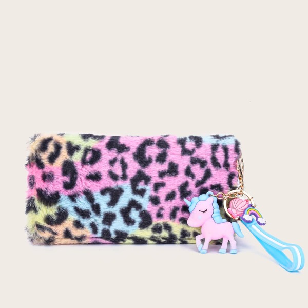 

Leopard Long Purse With Unicorn Shaped Bag Charm, Multicolor