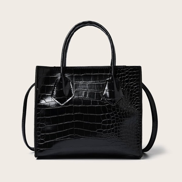 

Croc Embossed Satchel Bag, Black