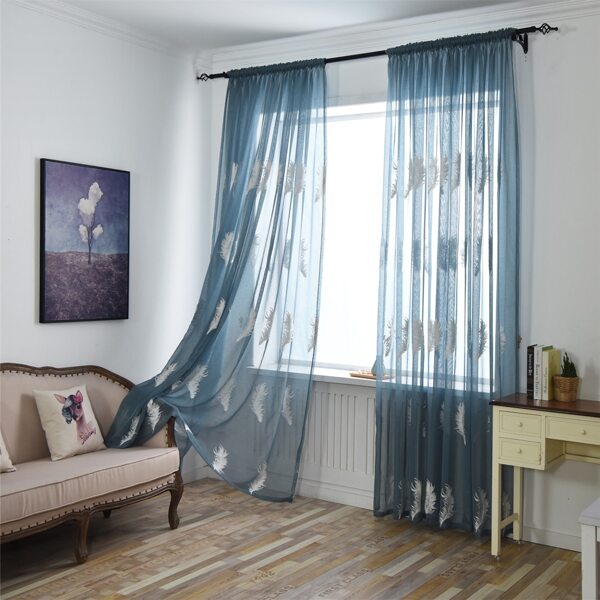 

Feather Embroidery Single Panel Curtain, Blue