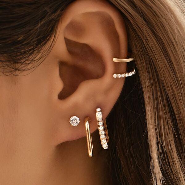 

4pcs Rhinestone Decor Earrings, Gold