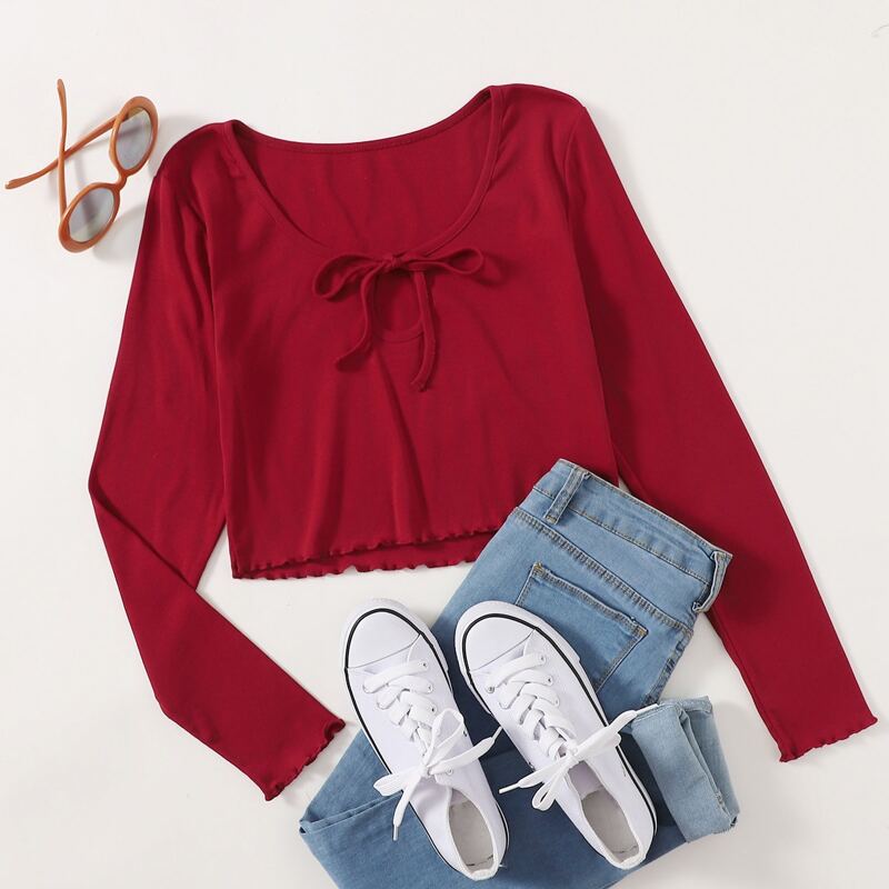 

Solid Tie Front Lettuce Trim Crop Tee, Burgundy