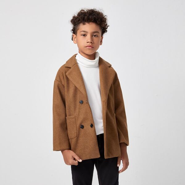 

Boys Drop Shoulder Pocket Front Pea Overcoat, Brown