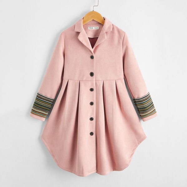

Girls Stripe Detail Ruffle Hem Coat, Dusty pink
