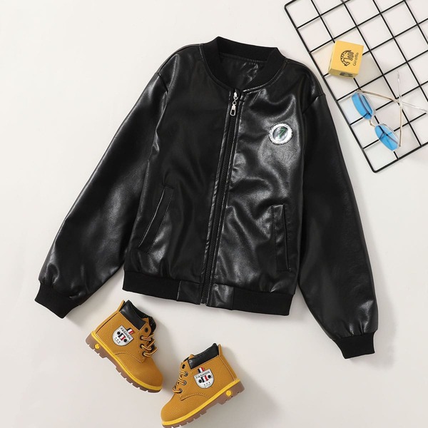 

Boys Patched Detail PU Leather Bomber Jacket, Black