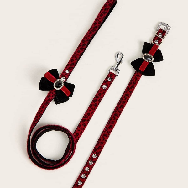 

1pc Dog Leopard Collar With 1pc Bow Decor Leash, Red