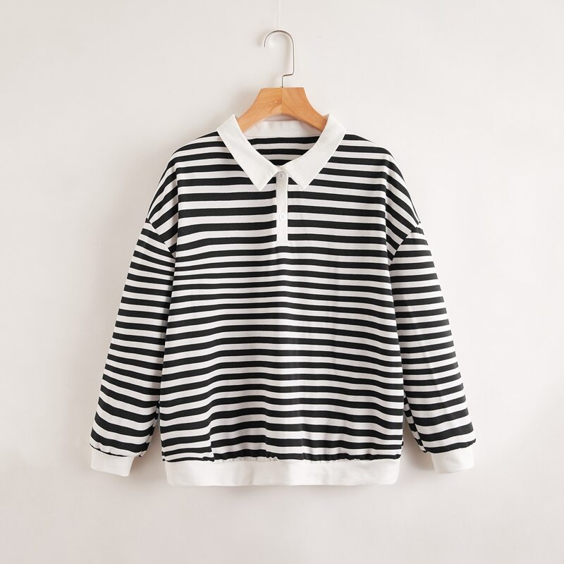 

Striped Polo Sweatshirt, Black and white