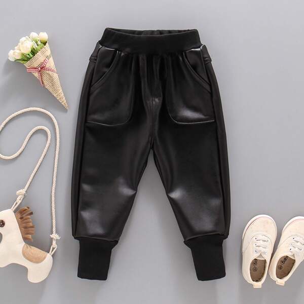 

Toddler Boy Elastic Waist PU Leather Pants, Black
