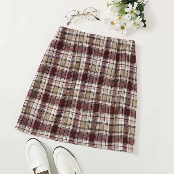 

Plus Tartan Zipper Back Straight Skirt, Multicolor