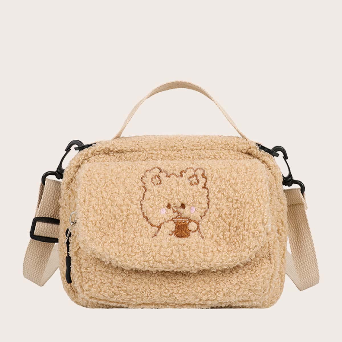 

Cartoon Pattern Fluffy Satchel Bag, Khaki
