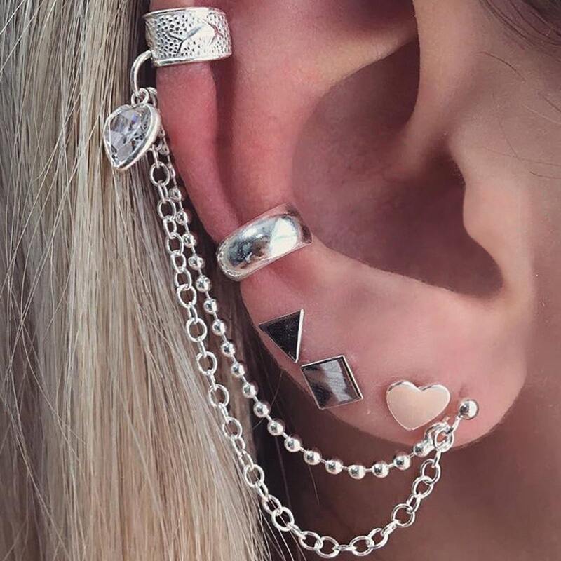 

5pcs Rhinestone Geo Stud Earrings & Ear Cuff, Silver