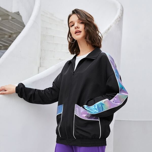

Zip Up Holographic Panel Jacket, Black
