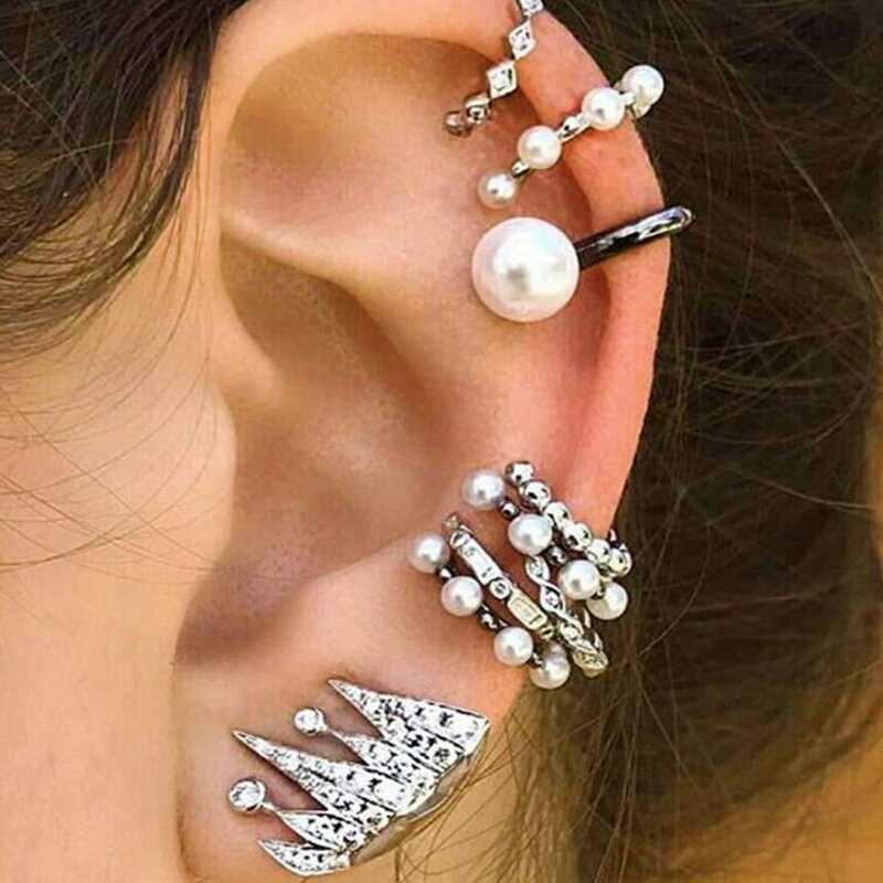 

9pcs Faux Pearl & Rhinestone Earring Set, Silver