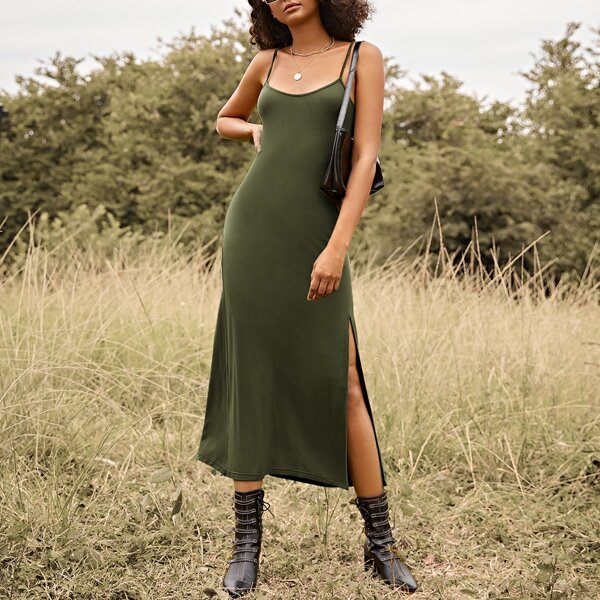 

Lace Up Back Split Thigh Side Slip Dress, Army green