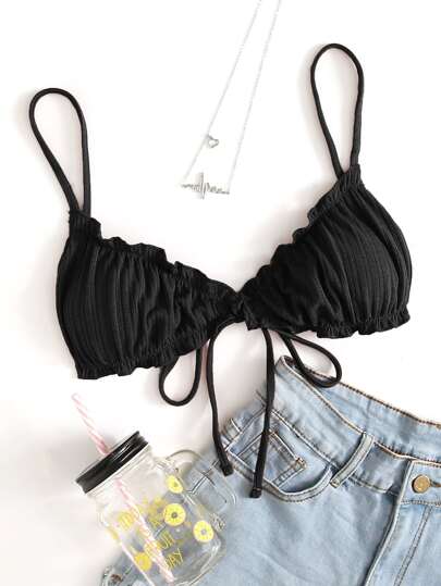 Lettuce Trim Tie Front Bikini Top