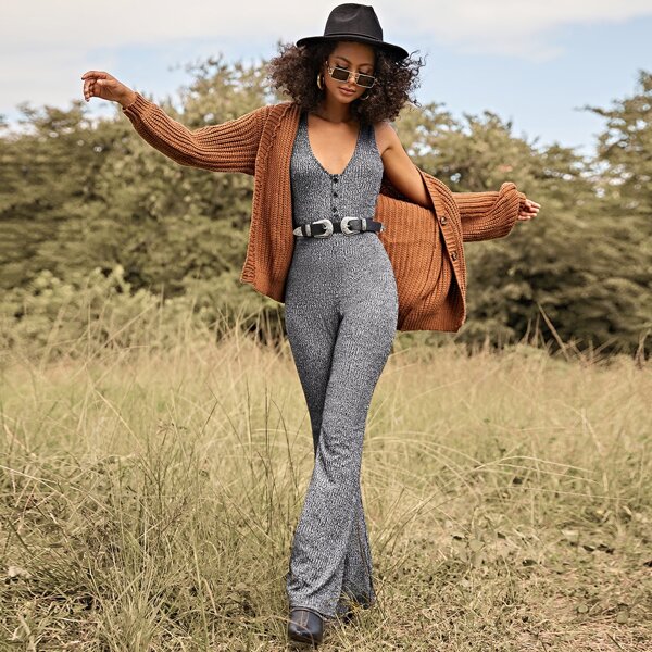 

Crisscross Back Buttoned Front Jumpsuit Without Belt, Grey