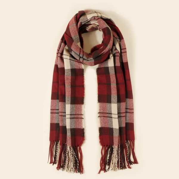 

Christmas Fringe Hem Plaid Scarf, Red