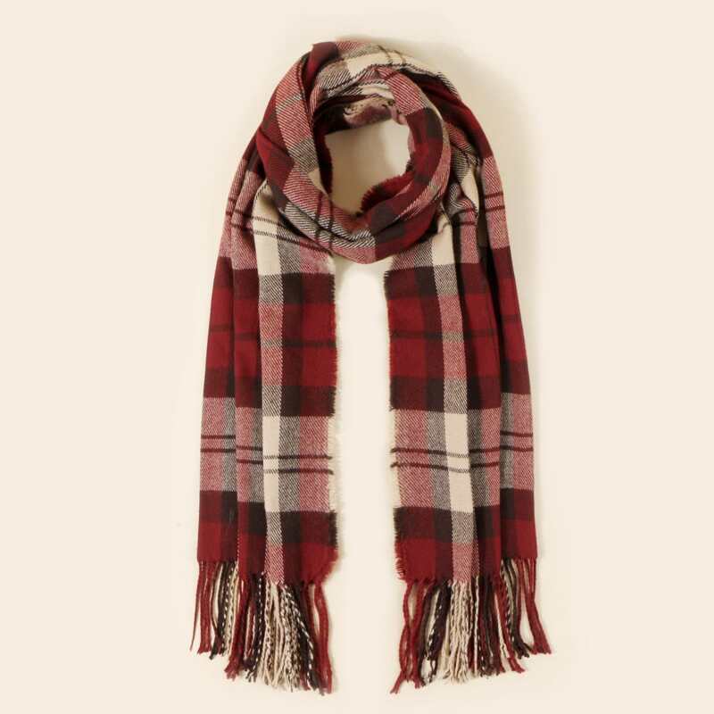 

Christmas Fringe Hem Plaid Scarf, Red
