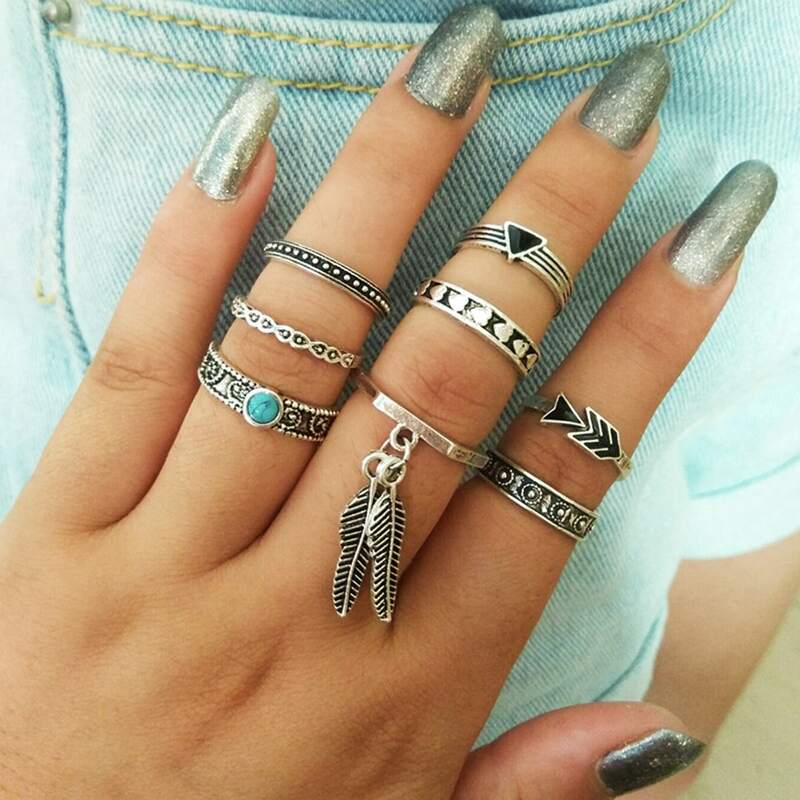 

8pcs Heart & Leaf Ring, Silver