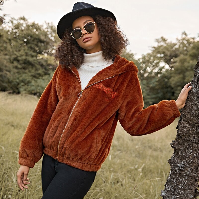 

Zip Up Letter Embroidery Faux Fur Hooded Coat, Brown