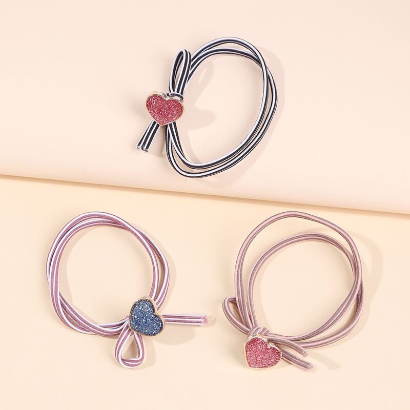 

3pcs Heart Decor Stripe Hair Tie, Multicolor