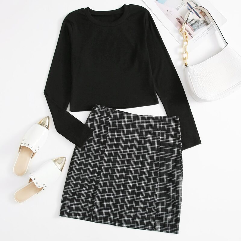 

Solid Crop Tee & Plaid Skirt, Black