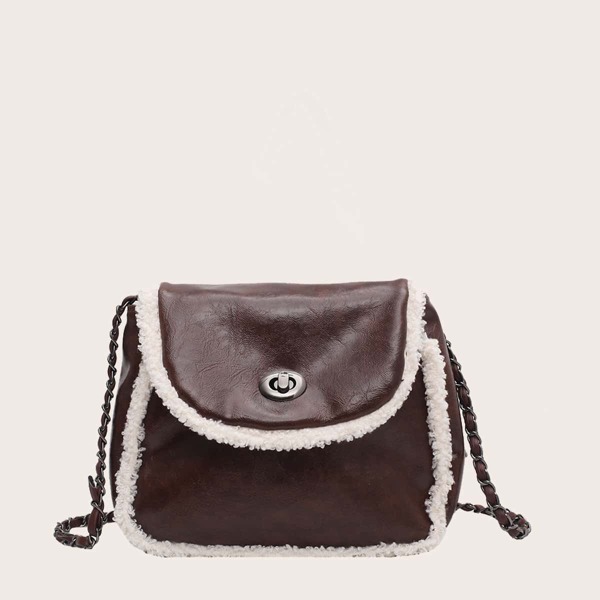 

Girls Contrast Faux Fur Turn-lock Flap Crossbody Bag, Coffee brown