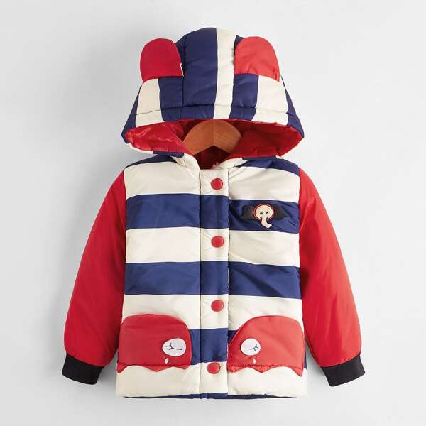 

Toddler Boys 3D Ear Design Block Striped Padded Jacket, Multicolor