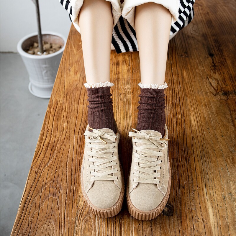 

Frill Trim Crew Socks, Coffee brown