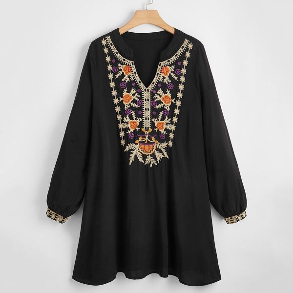 

Plus Floral Embroidery Notched Neck Dress, Black