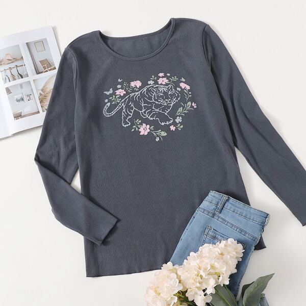 

Plus Floral & Tiger Print Rib Knit Tee, Dark grey