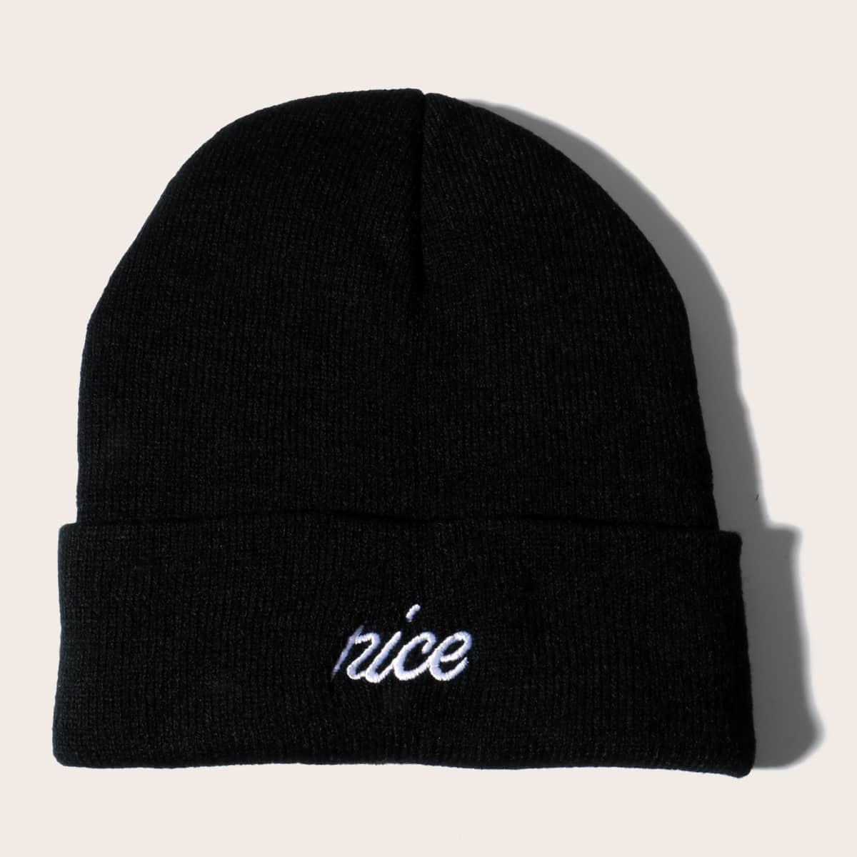 

Letter Embroidery Knitted Beanie, Black