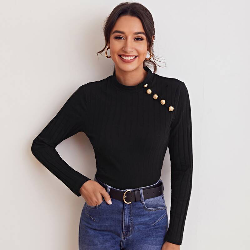 

Buttoned Front Rib-knit Top, Black